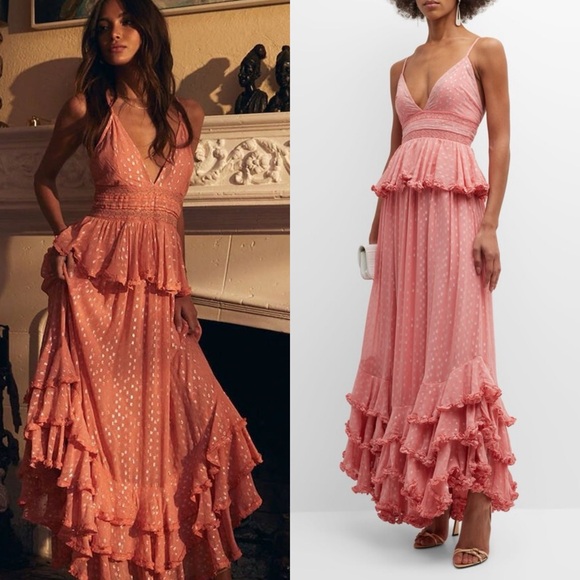 NWT Rococo Sand Aria Ruffle Metallic Maxi Dress Peach - Picture 3 of 10
